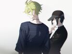  2boys amami_rantarou antenna_hair bangs black_hair black_headwear black_jacket brown_eyes buttons commentary_request danganronpa_(series) danganronpa_v3:_killing_harmony double-breasted from_behind from_side green_eyes green_hair grey_background hair_between_eyes hat hat_ornament illlight jacket long_sleeves male_focus multiple_boys pale_skin saihara_shuuichi shiny shiny_hair shirt short_hair simple_background smile star_(symbol) star_hat_ornament striped striped_jacket striped_shirt upper_body 