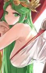  1girl armpits bangs bare_shoulders blush breasts clothes_grab commentary_request crown curtains dress eyebrows_visible_through_hair from_side green_eyes green_hair hanging_breasts highres kid_icarus large_breasts long_hair looking_at_viewer looking_to_the_side own_hands_together palutena parted_bangs see-through simple_background solo_focus strapless strapless_dress sweat tomas_(kaosu22) upper_body white_background white_dress 