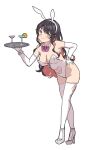  1girl alternate_costume animal_ears black_hair bow bowtie breasts cocktail_glass cup detached_collar drinking_glass elbow_gloves fake_animal_ears full_body gloves grey_legwear hairband hand_on_hip high_heels highres holding holding_tray kantai_collection leotard long_hair looking_at_viewer multicolored_hair naganami_(kancolle) pink_hair playboy_bunny rabbit_ears rabbit_tail satsuki_neko simple_background solo standing strapless tail thighhighs tray two-tone_hair white_background white_gloves white_legwear 