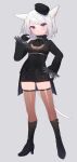  1girl animal_ears avatar_(ffxiv) black_dress black_footwear boots braid cat_ears cat_tail closed_mouth contrapposto dress final_fantasy final_fantasy_xiv full_body funa_(sakana) hand_on_hip hat high_heel_boots high_heels highres holding holding_hair knee_boots light_frown long_sleeves miqo&#039;te purple_eyes short_dress silver_hair simple_background tail thighhighs thighs wide_sleeves zettai_ryouiki 