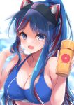  1girl absurdres bangs bikini blue_eyes blue_hair blurry blurry_background blush bottle breasts cleavage dated enemy_lifebuoy_(kancolle) eyebrows_visible_through_hair hat highres holding holding_bottle kantai_collection large_breasts long_hair looking_at_viewer mashiro_yukiya official_alternate_costume open_mouth ponytail red_hair signature simple_background solo south_dakota_(kancolle) star_(symbol) swimsuit thermos upper_body visor_cap white_hair 