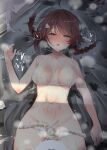  1girl after_sex bangs bed_sheet bikini blue_eyes blush braid breasts brown_hair chougei_(kancolle) cum enemy_lifebuoy_(kancolle) hair_ornament half-closed_eyes heart kantai_collection large_breasts lying nipple_slip nipples nose_blush on_back parted_lips saliva see-through shin_(new) solo stained_sheets sweat swimsuit trembling twin_braids used_tissue white_bikini 