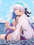  1girl back bangs bare_shoulders beach blue_fire blue_hair blue_sky blush body_markings bracelet breasts earrings fate/grand_order fate_(series) fire flower hair_flower hair_ornament hair_ribbon highres jewelry kama_(fate) kama_(swimsuit_avenger)_(fate) large_breasts long_hair looking_at_viewer looking_back lotus multicolored_hair ocean open_mouth oursong_(kiam_pis) red_eyes revealing_clothes ribbon shore silver_hair sky solo star_(symbol) star_earrings thighs two-tone_hair water 