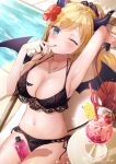  1girl aqua_eyes armpits bikini black_bikini blonde_hair blush bottle breasts chair cherry cleavage cocktail cocktail_glass cup demon_girl demon_horns demon_tail demon_wings drink drinking_glass eyebrows_visible_through_hair finger_to_mouth flower food frilled_bikini frills fruit hair_flower hair_ornament halterneck heart heart_necklace heart_tail highres hololive horns kebaboishii lace-trimmed_bikini lace_trim lemon lotion lounge_chair navel one_eye_closed ponytail pool poolside scrunchie side-tie_bikini solo sunscreen swimsuit tail virtual_youtuber wings yuzuki_choco 