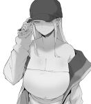  1girl armpit_crease black_headwear breasts cleavage collarbone expressionless greyscale half-closed_eyes hat highres holding holding_clothes holding_hat huge_breasts jacket jacket_partially_removed jitome looking_away monochrome off_shoulder open_clothes open_jacket original ricochet-gou shaded_face shirt simple_background sleeves_past_wrists strapless strapless_shirt upper_body white_background 