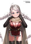  1girl absurdres ahoge bangs blue_eyes boots braid breasts cape closed_mouth commission commissioner_upload cosplay fingerless_gloves fire_emblem fire_emblem:_the_binding_blade fire_emblem_fates gloves hairband highres igrene_(fire_emblem) igrene_(fire_emblem)_(cosplay) ioneare large_breasts long_hair looking_at_viewer md5_mismatch nina_(fire_emblem) resolution_mismatch silver_hair source_smaller thigh_boots thighhighs thighs transparent_background twin_braids upper_body very_long_hair 