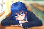  1girl bangs black-framed_eyewear black_jacket blue_eyes blue_hair blurry blurry_background blush buttons ciel_(tsukihime) closed_mouth collared_shirt commentary_request curtains desk eyebrows_visible_through_hair glasses green_neckwear hair_between_eyes hozumiya_(hozumi8) indoors jacket lips long_sleeves looking_at_viewer open_clothes open_jacket pink_lips school_uniform shirt short_hair sidelocks smile solo tsukihime tsukihime_(remake) uniform white_shirt window 