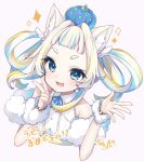  1girl :d animal_ear_fluff animal_ears bare_shoulders blonde_hair blue_eyes blue_hair blue_ribbon blush collared_shirt commentary_request copyright_request cropped_torso crown fang hair_rings hands_up highres looking_at_viewer mini_crown multicolored_hair nachiru neck_ribbon open_mouth purple_background ribbon shirt short_eyebrows simple_background sleeveless sleeveless_shirt smile solo sparkle streaked_hair thick_eyebrows twintails upper_body virtual_youtuber white_shirt 