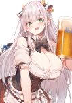  1girl :d alcohol animal_ears bangs bare_shoulders beer beer_mug blush breasts cleavage cow_ears cow_horns cup eyebrows_visible_through_hair green_eyes grey_hair highres hololive horns large_breasts long_hair looking_at_viewer mou_tama_maru mug open_mouth shirogane_noel simple_background smile solo teeth virtual_youtuber white_background 