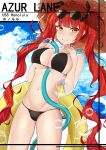  1girl absurdres azur_lane bangs bare_shoulders bikini black_bikini blunt_bangs breasts character_name cleavage collared_shirt commentary_request copyright_name eyebrows_visible_through_hair eyewear_on_head hair_ribbon hat highres honolulu_(azur_lane) honolulu_(summer_accident?!)_(azur_lane) hose hose_between_breasts innertube jie_xian_(tsuki) large_pectorals long_hair looking_at_viewer midriff navel official_alternate_costume pectorals red_eyes red_hair ribbon shirt sidelocks smile solo spaghetti_strap stomach straw_hat sunglasses swimsuit twintails water wet wet_clothes wet_swimsuit 