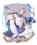  1boy ahoge aladdin_(sinoalice) anklet blonde_hair bodysuit bodysuit_under_clothes bracelet earrings gold_trim grin highres holding holding_staff jewelry looking_at_viewer male_focus necklace ogamiomi one_eye_closed shawl short_hair simple_background sinoalice sitting smile sparkle staff star_(symbol) teeth 