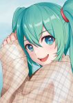  1girl absurdres aqua_eyes aqua_hair bangs blue_background blush checkered checkered_shirt commentary eyebrows_visible_through_hair from_side gradient gradient_background hair_between_eyes hair_ornament hatsune_miku highres long_hair long_sleeves looking_at_viewer nekoinu_bamboo open_mouth pajamas shirt sleeves_past_wrists smile solo teeth twintails upper_body upper_teeth vocaloid 