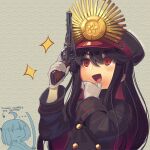  ... 2girls :d bangs black_hair boa_(brianoa) buttons commentary english_commentary english_text fate/grand_order fate_(series) gloves gun hair_between_eyes hand_on_own_chin handgun hands_up hat highres holding holding_gun holding_weapon jitome katana koha-ace long_hair long_sleeves multiple_girls oda_nobunaga_(fate) oda_nobunaga_(koha/ace) oda_uri okita_souji_(fate) okita_souji_(koha/ace) open_mouth peaked_cap red_eyes revolver seigaiha sidelocks sleeve_cuffs smile sparkle sword trigger_discipline twitter_username v-shaped_eyebrows watermark weapon webley_revolver white_gloves 
