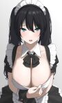  1girl apron bangs black_dress black_hair blue_eyes blush breasts cleavage dress frills highres kaminari_doon large_breasts long_hair looking_at_viewer maid maid_headdress open_mouth original puffy_short_sleeves puffy_sleeves short_sleeves smile solo twintails white_apron 