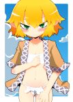  1girl 221_(tsutsuichi) bangs blonde_hair blue_sky blush breasts brown_jacket closed_mouth cloud commentary_request cowboy_shot frown fundoshi green_eyes hair_between_eyes jacket japanese_clothes looking_at_viewer mizuhashi_parsee multicolored_clothes multicolored_jacket navel open_clothes open_jacket pointy_ears sarashi short_hair short_sleeves sky small_breasts solo tearing_up touhou 