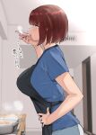  1girl apron bangs black_apron blue_shirt brown_hair drinking eyebrows_visible_through_hair from_side hand_up highres holding kitchen original ricochet-gou shirt short_hair sidelocks solo standing steam translation_request upper_body 