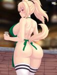  1girl animal_ears apron ass bangs blonde_hair blush breasts cat_ears cat_girl cat_tail cup drinking_glass green_apron highres iced_latte_with_breast_milk_(meme) large_breasts long_hair looking_at_viewer meme naked_apron no_panties nottytiffy open_mouth orange_eyes original ponytail sidelocks smile solo tail thighhighs tiffy_(nottytiffy) watermark white_legwear 
