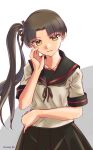  1girl ayanami_(kancolle) black_sailor_collar black_skirt brown_eyes brown_hair commentary_request cowboy_shot highres kantai_collection long_hair looking_at_viewer one-hour_drawing_challenge parted_lips pleated_skirt remodel_(kantai_collection) sailor_collar school_uniform serafuku side_ponytail skirt solo tsukasa_(tukasa_br) two-tone_background 