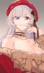  1girl aran_sweater azur_lane belfast_(azur_lane) belfast_(shopping_with_the_head_maid)_(azur_lane) beret breasts brown_sweater cleavage commentary earrings grey_background hat hoop_earrings jewelry large_breasts light_purple_hair looking_at_viewer off-shoulder_sweater off_shoulder official_alternate_costume purple_eyes red_headwear red_shawl shika_(shika0) simple_background smile solo sweater 