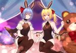  2girls :d alternate_costume animal_ears arm_support bangs bare_shoulders bat_wings black_legwear black_leotard blonde_hair blue_hair blurry blurry_background blush bokeh breasts commentary covered_navel crystal depth_of_field eyebrows_behind_hair fake_animal_ears fangs flandre_scarlet hair_between_eyes hair_ribbon halftone hand_up highres leotard looking_at_viewer majime_joe multiple_girls no_hat no_headwear one_side_up open_mouth pointy_ears rabbit_ears rainbow red_eyes red_ribbon remilia_scarlet ribbon short_hair siblings sisters sitting small_breasts smile strapless strapless_leotard thighhighs touhou wing_collar wings wrist_cuffs yokozuwari 