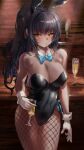  1girl absurdres animal_ears armpits bangs bare_shoulders black_hair black_leotard blue_archive blue_bow bow breasts champagne_flute cleavage closed_mouth commentary cowboy_shot cup dark-skinned_female dark_skin detached_collar drinking_glass earrings fishnet_legwear fishnets gloves high_ponytail highres jewelry karin_(blue_archive) large_breasts leotard long_hair looking_at_viewer playboy_bunny rabbit_ears rabbit_tail shuru_y sidelocks table tail very_long_hair white_background white_gloves wrist_cuffs yellow_eyes 