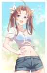  1girl :d ahoge bangs bikini bikini_under_clothes blue_bikini blue_shorts blush breasts brown_hair commentary_request denim denim_shorts e20 hair_ribbon hand_on_hip highres kagerou_(kancolle) kantai_collection long_hair looking_at_viewer navel open_mouth parted_bangs purple_eyes ribbon see-through shirt short_shorts short_sleeves shorts small_breasts smile solo swimsuit tied_shirt twintails white_ribbon white_shirt 