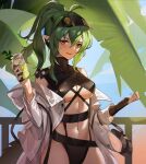  1girl antenna_hair arknights bangs bare_shoulders breasts brown_eyes cup drinking_glass gavial_(arknights) green_hair hair_between_eyes hand_up highres holding holding_cup long_hair long_sleeves looking_at_viewer medium_breasts navel off_shoulder open_clothes open_shirt parted_lips ponytail red_lips shirt smile solo stomach underboob upper_body wawapeng white_shirt 