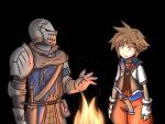  1boy 1other ambiguous_gender armor blue_eyes bonfire brown_hair chosen_undead crossover dark_souls_(series) dark_souls_i fingerless_gloves fire full_armor gauntlets gloves hayato_stuff helmet jewelry kingdom_hearts male_focus necklace pauldrons short_hair shoulder_armor sora_(kingdom_hearts) spiked_hair super_smash_bros. weapon 