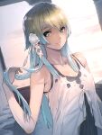  1girl armpit_crease blonde_hair blue_eyes blurry blurry_background breasts camisole collarbone commentary_request contemporary dusk fire_emblem fire_emblem_heroes fjorm_(fire_emblem) flower gradient_hair hair_flower hair_ornament light_blue_hair long_hair looking_at_viewer maeshima_shigeki multicolored_hair shadow sidelocks small_breasts smile solo tile_floor tiles very_long_hair white_camisole window 