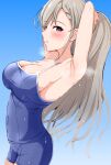  1girl absurdres adjusting_hair armpits arms_behind_head blue_background blue_eyes blue_swimsuit blush breasts cleavage commentary grey_hair highres hisakawa_hayate idolmaster idolmaster_cinderella_girls large_breasts long_hair looking_at_viewer ponytail raindrop746079 school_swimsuit sideboob solo swimsuit wet 