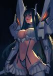  1girl black_hair breasts cleavage english_commentary frown gloves glowing glowing_eyes headpiece high_collar junketsu kamui_(kill_la_kill) kill_la_kill kiryuuin_satsuki large_breasts living_clothes long_hair looking_at_viewer navel phamoz pleated_skirt revealing_clothes skirt solo stomach suspenders thick_eyebrows 