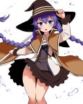 1girl :o artist_name blue_eyes blue_hair braid brown_cape brown_capelet brown_headwear cape capelet clothes_lift dako_(dakosito) dot_nose hand_on_headwear hat highres holding holding_clothes holding_hat holding_staff long_braid looking_at_viewer mushoku_tensei open_mouth panties pantyshot roxy_migurdia simple_background skirt skirt_lift solo staff standing twin_braids underwear water white_background white_panties wind wind_lift witch_hat 