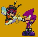  2boys :d ^_^ bee bug chameleon charmy_bee closed_eyes closed_mouth erisawa_(53_ersw) espio_the_chameleon fist_bump flying friends gloves helmet highres horns looking_up male_focus multiple_boys open_mouth single_horn smile sonic_(series) standing translation_request white_gloves wings yellow_background yellow_eyes 