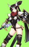  1girl absurdres arm_armor armor bangs belt bikini bikini_armor black_hair black_legwear black_leotard blue_eyes breasts casul covered_navel ears fate/grand_order fate_(series) gauntlets gem gold_trim green_background headpiece highleg highleg_leotard highres holding holding_shield holding_sword holding_weapon leotard long_sleeves red_scarf scarf sheath shield shoulder_armor side_ponytail small_breasts smile solo swimsuit sword thighhighs thighs ushiwakamaru_(fate) weapon 