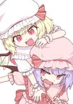  2girls :d bangs bat_wings blonde_hair brooch crystal eyebrows_visible_through_hair fang flandre_scarlet hat hat_ribbon highres jewelry looking_at_another mob_cap multiple_girls on_person oninamako open_mouth pink_headwear pink_nails pink_shirt purple_hair red_eyes red_ribbon remilia_scarlet ribbon shirt short_hair short_sleeves siblings simple_background sisters smile sweatdrop touhou v-shaped_eyebrows white_background white_headwear wings wrist_cuffs 