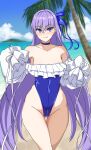  1girl ass_visible_through_thighs bangs bare_shoulders beach blue_choker blue_eyes blue_ribbon blue_sky blush breasts choker collarbone eyebrows_visible_through_hair fate/grand_order fate_(series) frills hair_ribbon highleg highleg_swimsuit licking_lips long_hair long_sleeves looking_at_viewer meltryllis_(fate) meltryllis_(swimsuit_lancer)_(fate) muta_poo ocean off-shoulder_one-piece_swimsuit off_shoulder one-piece_swimsuit palm_tree puffy_sleeves purple_hair ribbon shore sky sleeves_past_fingers sleeves_past_wrists small_breasts smile solo swimsuit thighs tongue tongue_out tree very_long_hair white_ribbon 