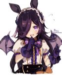  1girl animal_ears bangs black_hair black_skirt blush bow brown_bow center_frills commentary_request demon_wings eyebrows_visible_through_hair fangs flying_sweatdrops frills gloves hair_over_one_eye hand_up highres horse_ears looking_at_viewer make_up_in_halloween!_(umamusume) official_alternate_costume open_mouth portrait puffy_short_sleeves puffy_sleeves purple_bow purple_eyes purple_gloves purple_wings rice_shower_(umamusume) short_sleeves signature simple_background skirt sofra solo striped striped_bow twitter_username umamusume white_background wings 