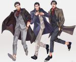  3boys adapted_costume alternate_universe autumn black_footwear black_hair black_jacket black_vest blue_jacket brown_jacket eyepatch facial_hair fangs formal friends full_body hand_in_pocket highres irei_yukitoshi jacket kiryuu_kazuma long_jacket majima_gorou male_focus medium_hair multiple_boys nishikiyama_akira print_footwear red_shirt ryuu_ga_gotoku sharp_teeth shirt short_hair sleeves_rolled_up smirk snake_print teeth thick_eyebrows vest walking watch white_footwear wristwatch yakuza yawning 