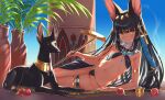  1girl animal_ears ankh anubis arm_support bangs black_hair blue_sky blunt_bangs commentary_request dark-skinned_female dark_skin dog dog_ears egyptian egyptian_clothes egyptian_mythology eyebrows_visible_through_hair fig flat_chest highres holding holding_staff jackal komiya_nigi long_hair looking_at_viewer lying midriff navel on_side original sidelocks sky sling_bikini_top staff yellow_eyes 