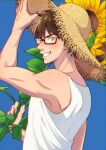  1boy ace_of_diamond bangs blue_background blush brown_eyes brown_hair eren_hshs flower glasses hand_up hat highres holding holding_flower looking_at_viewer male_focus miyuki_kazuya short_hair smile solo straw_hat sunflower sweat tank_top teeth toned toned_male upper_body white_tank_top 