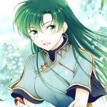  1girl absurdres blue_dress dress earrings fire_emblem fire_emblem:_the_blazing_blade green_eyes green_hair highres holding_hair_ornament jewelry leaves_in_wind long_hair looking_to_the_side lyn_(fire_emblem) shirokuroma_29 smile solo symbol-only_commentary 