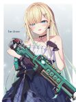  1girl aizawa_ema apex_legends assault_rifle bangs black_choker black_gloves blonde_hair blue_dress character_name choker criss-cross_halter dress earrings eyebrows_behind_hair gloves gradient_hair green_hair gun hair_behind_ear halterneck herumu_(kouzome_mia) highres holding holding_gun holding_weapon jewelry lace lace_choker long_hair multicolored_hair open_mouth rifle smile trigger_discipline very_long_hair virtual_youtuber vk-47_flatline vspo! weapon 