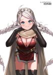  1girl absurdres ahoge bangs blue_eyes boots braid breasts cape closed_mouth commission commissioner_upload cosplay fingerless_gloves fire_emblem fire_emblem:_the_binding_blade fire_emblem_fates gloves hairband highres igrene_(fire_emblem) igrene_(fire_emblem)_(cosplay) ioneare large_breasts long_hair looking_at_viewer md5_mismatch nina_(fire_emblem) resolution_mismatch silver_hair source_smaller thigh_boots thighhighs thighs twin_braids upper_body very_long_hair white_background 