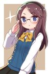  1girl adjusting_eyewear black-framed_eyewear black_hairband black_skirt blush bow brown_background brown_hair collared_shirt commentary_request dohna_dohna_issho_ni_warui_koto_o_shiyou dress_shirt glasses hairband hand_up highres long_hair mob_(dohna_dohna) naga_u parted_lips pleated_skirt school_uniform shirt skirt solo sparkle sweater_vest two-tone_background white_background white_shirt yellow_bow 