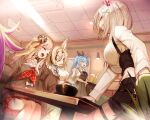  5girls :d ;d ^_^ ahoge alcohol arm_support beer beer_mug black_hair black_skirt blonde_hair blue_hair blush bow braid breasts brown_cardigan brown_dress cardigan closed_eyes commentary cup dress hair_ornament hairclip heart_ahoge highres holding holding_tray holofive hololive indoors long_hair long_sleeves mano_aloe medium_breasts momosuzu_nene mug multicolored_hair multiple_girls nepolabo omaru_polka one_eye_closed open_mouth out_of_frame pink_hair plaid plaid_neckwear plaid_skirt pleated_skirt ponytail puffy_long_sleeves puffy_short_sleeves puffy_sleeves red_neckwear red_skirt sailor_collar sailor_dress shirt shishiro_botan short_sleeves skirt sleeveless sleeveless_dress sleeves_past_fingers sleeves_past_wrists smile streaked_hair sue_(bg-bros) table tray very_long_hair virtual_youtuber white_bow white_sailor_collar white_shirt x_hair_ornament yellow_eyes yukihana_lamy 