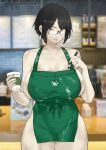  1girl absurdres apron bangs bare_shoulders barista black_hair blurry blurry_background breasts cafe coffee_cup cup curvy dangle_earrings dirty dirty_clothes disposable_cup earrings eyebrows_visible_through_hair glasses grace_(puzenketsu) green_apron grey_eyes highres holding holding_cup holding_marker huge_breasts iced_latte_with_breast_milk_(meme) jewelry looking_at_viewer marker mature_female meme mole mole_under_mouth naked_apron original parted_bangs parted_lips puzenketsu ring short_hair standing thick_thighs thighs 