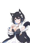  1girl animal_ear_fluff animal_ears badge black_dress black_hair blue_hair blue_ribbon blush braid breasts button_badge cat_ears cat_tail cleavage colored_inner_hair dress flower frilled_sleeves frills fzm_20001019 hair_flower hair_ornament hair_ribbon hair_tie hairpin happy hoshina_suzu looking_at_viewer medium_breasts multicolored_clothes multicolored_dress multicolored_hair off_shoulder paw_pose purple_eyes ribbon ribbon_braid short_hair side_braid smile solo star_(symbol) tail virtual_youtuber wactor_production white_background white_dress 
