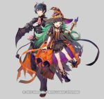  1boy 1girl azu-taro blue_eyes blue_hair byleth_(fire_emblem) byleth_(fire_emblem)_(male) demon_horns demon_wings fire_emblem fire_emblem:_three_houses fire_emblem_heroes full_body green_eyes green_hair halloween_costume hat horns looking_at_viewer official_art pointy_ears sothis_(fire_emblem) wings witch_hat 