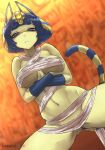  1girl animal_crossing animal_ears ankha_(animal_crossing) ankha_zone bandages blonde_hair blue_hair blurry bob_cut breasts cat_ears cat_girl cat_tail colored_skin commentary_request crossed_arms depth_of_field frown haraya_manawari large_breasts multicolored_hair navel revealing_clothes solo spread_legs streaked_hair striped_tail tail two-tone_hair yellow_skin 