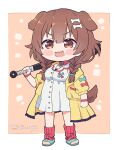  1girl animal_ears bangs bone_hair_ornament braid brown_eyes brown_hair buttons chibi club_(weapon) commentary dog_ears dog_girl dog_tail dress english_commentary extra_ears eyebrows_visible_through_hair hair_between_eyes hair_ornament hairclip holding holding_club holding_weapon hololive inugami_korone jacket kukie-nyan long_hair looking_at_viewer loose_socks low_twin_braids open_clothes open_jacket open_mouth red_legwear smile solo tail twin_braids twintails twitter_username virtual_youtuber weapon white_dress yellow_jacket 